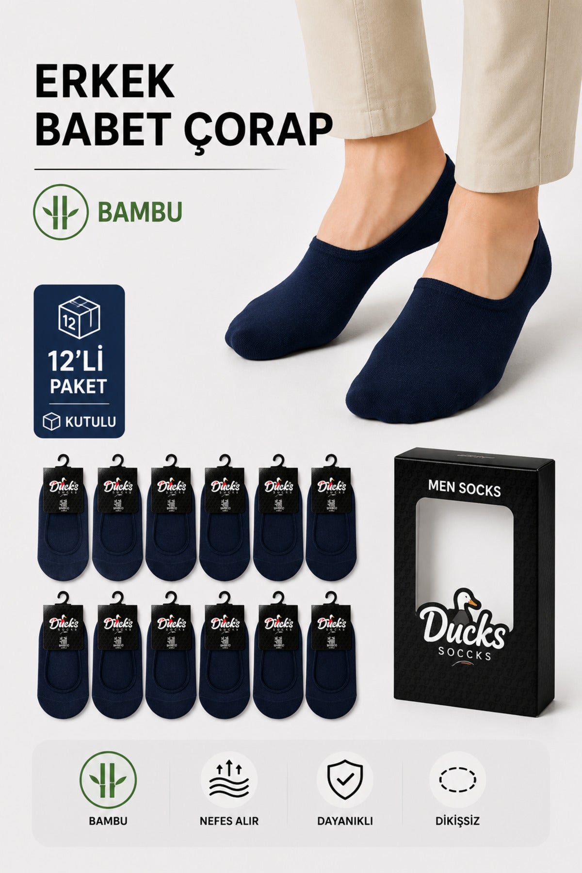Erkek Lacivert Bambu Babet Çorap Kutulu 12'li Dikişsiz Ayaktan Çıkma Önleyici Slikonlu Babet Çorap