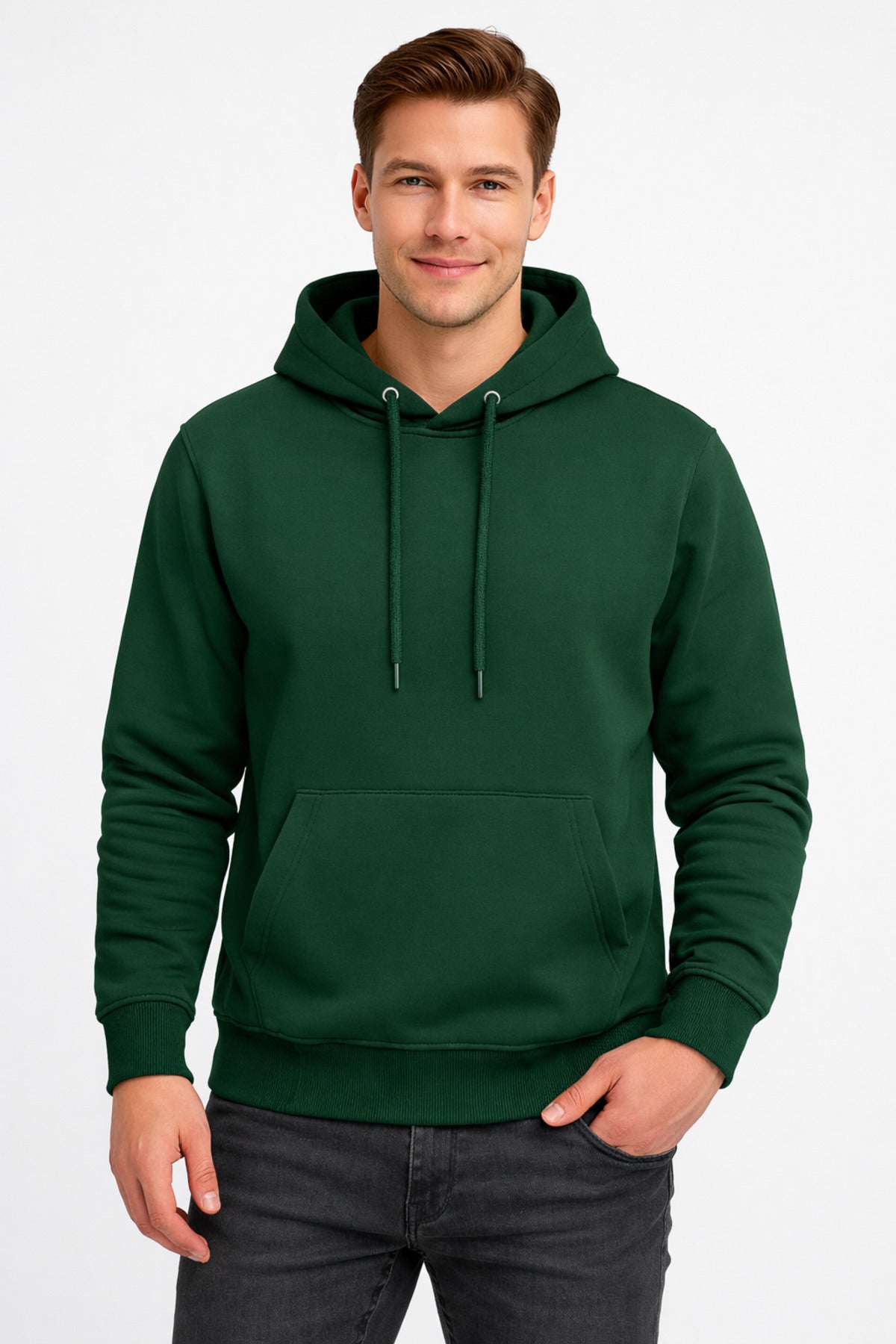 Erkek Koyu Yeşil 3 İplik Pamuklu Kapüşonlu Sweatshirt Basic Hoodie Kanguru Cepli