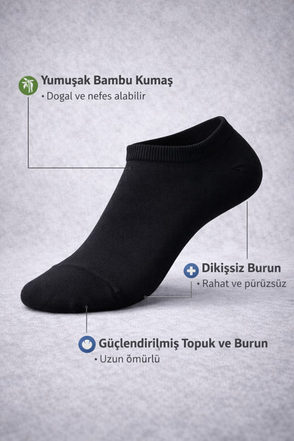 Erkek Siyah Bambu Sneaker Çorap 6’lı Paket – Dikişsiz, Terletmeyen, Dayanıklı, Görünmez