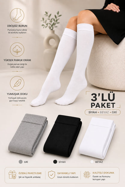Kadın 3'lü Dizaltı Pamuk Yumuşak Uzun Dikişsiz Çorap / Pantolon Çorabı / Teni Göstermeyen Çorap