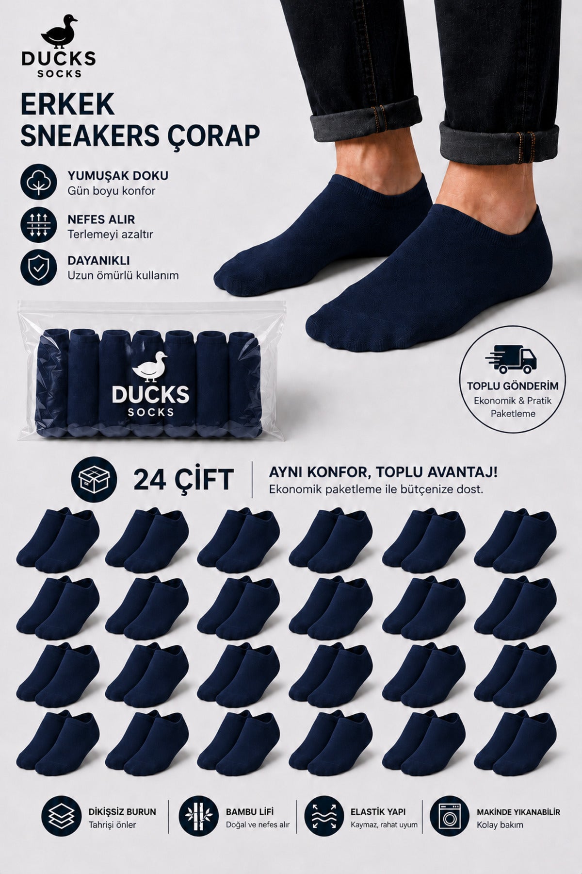 Erkek Bambu 24'lü Set Dikişsiz Yıkamalı Sneakers Çorap