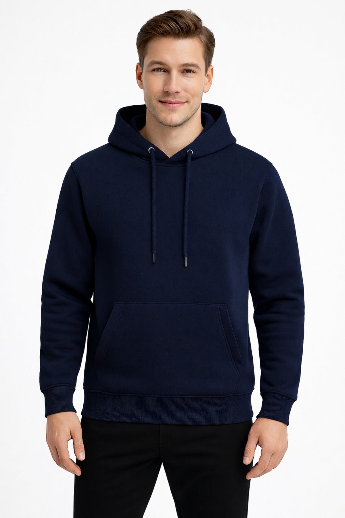 Erkek Lacivert 3 İplik Pamuklu Kapüşonlu Sweatshirt Basic Hoodie Kanguru Cepli