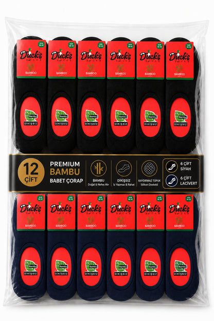 Kadın Bambu Babet Çorap Premium 12'li Dikişsiz Ayaktan Çıkma Önleyici Slikonlu Babet Çorap