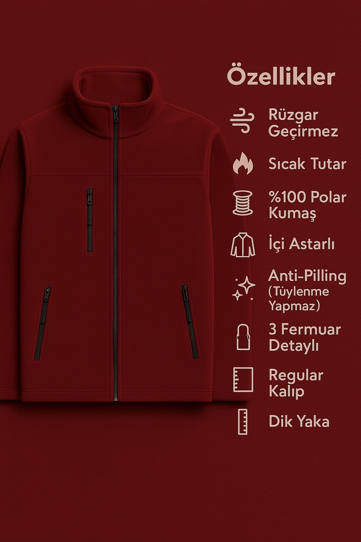 Kadın Bordo Anti-pilling Tüylenme Yapmayan Standart Fit Dik Yaka Soğuk Geçirmez Polar