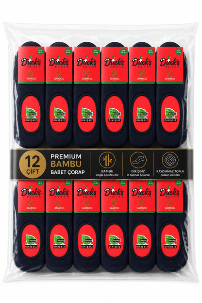 Kadın Lacivert Bambu Babet Çorap Premium 12'li Dikişsiz Ayaktan Çıkma Önleyici Slikonlu Babet Çorap