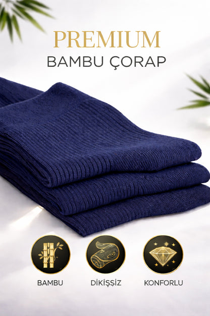 Erkek Lacivert Uzun Konç Bambu Çorap 3’lü Dikişsiz Terletmeyen İnce Yazlık Nefes Alabilir Premium Çorap