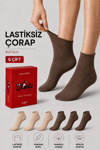 Kadın 6'lı Pamuklu Kutulu Lastiksiz Çorap Diyabetik Dostu Dikişsiz Iz Bırakmaz Kısa Konç Sıkmayan Çorap