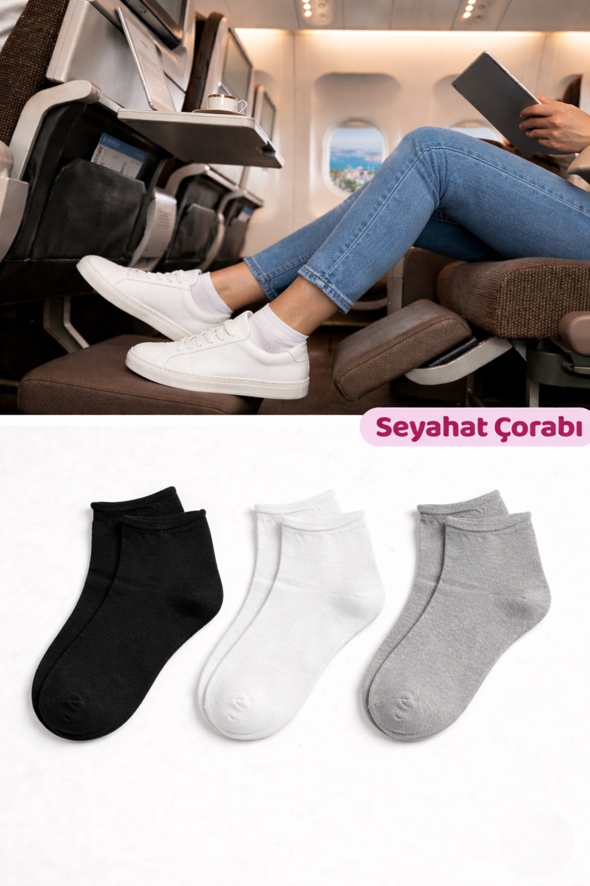 Kadın Lastiksiz Seyahat Çorabı 3’lü Paket Dikişsiz/Premium/Pamuk/Kısa/ Yolculuk Çorabı