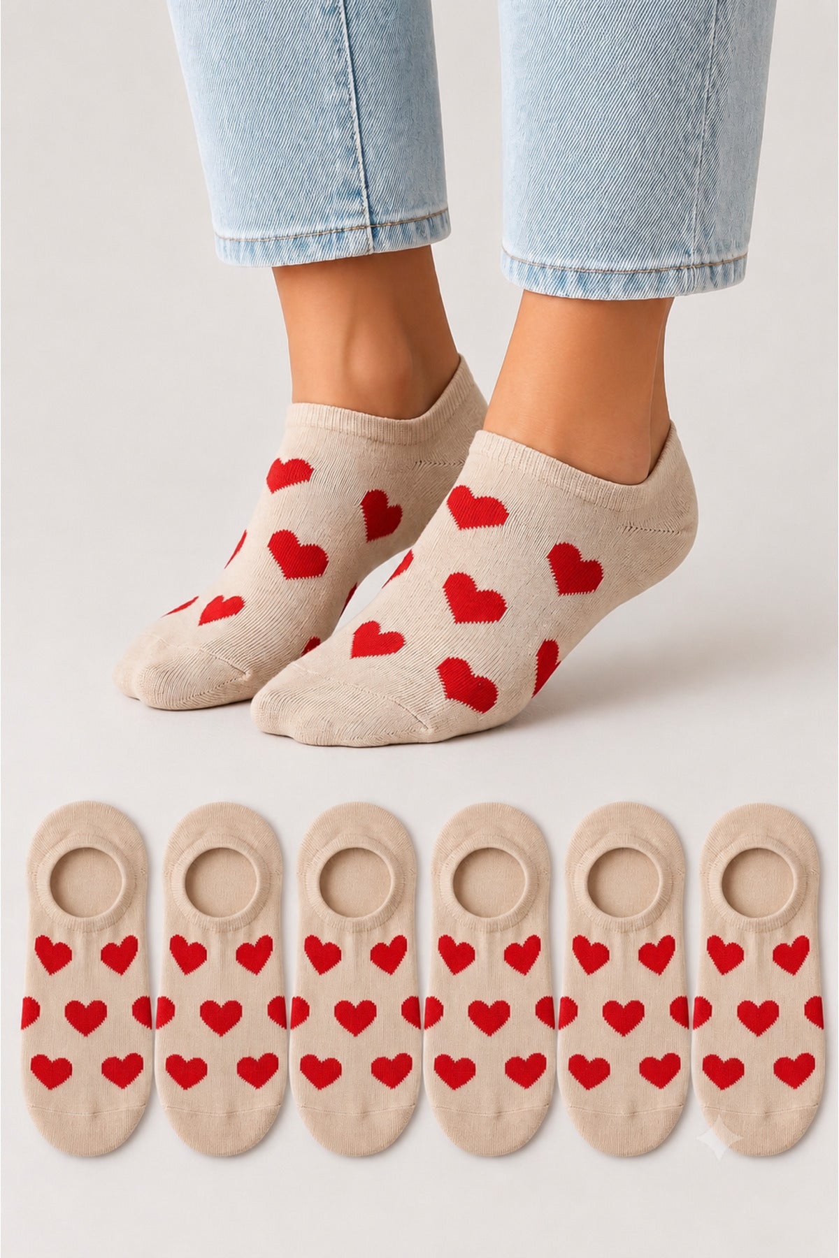 Kadın Dikişsiz Soft Pamuk Kalp Desenli 6'lı Sneakers Çorap