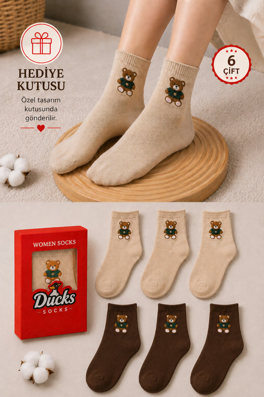 Kadın Teddy Bear Çorap Hediye Kutulu Pamuklu Kısa Konç Ayıcıklı Çorap 6'lı Dikişsiz