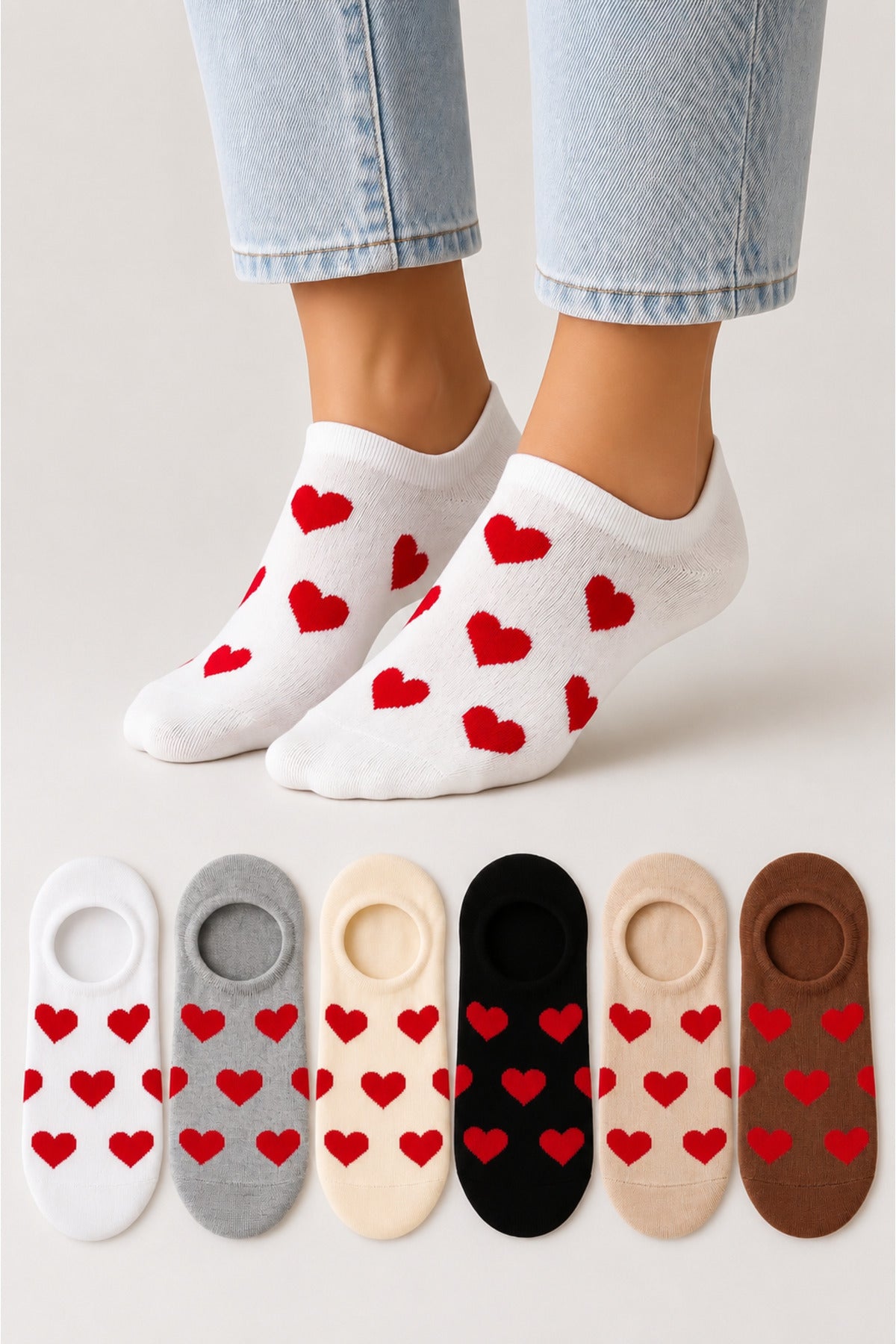 Kadın Dikişsiz Soft Pamuk Kalp Desenli 6'lı Sneakers Çorap