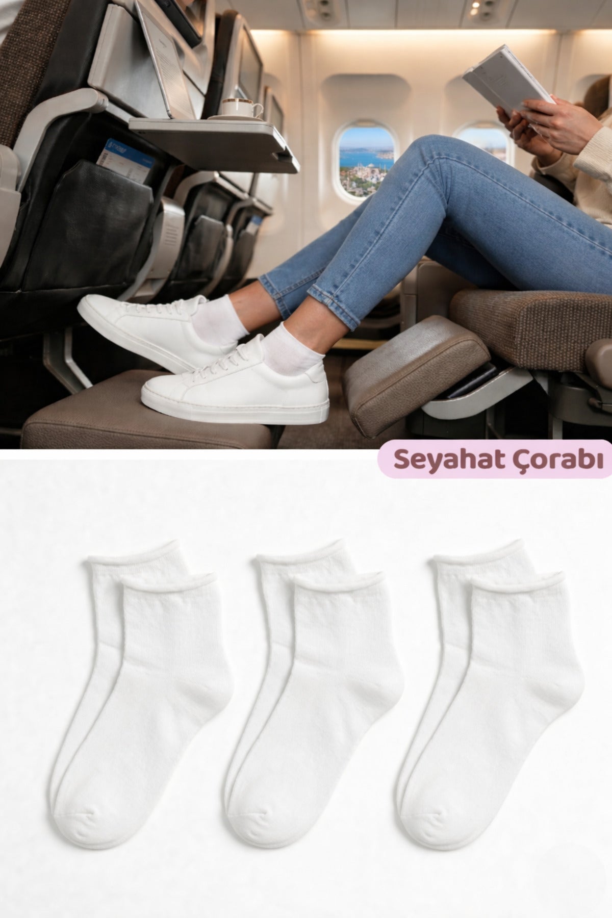 Kadın Beyaz Lastiksiz Seyahat Çorabı 3’lü Paket Dikişsiz/Premium/Pamuk/Kısa/ Yolculuk Çorabı
