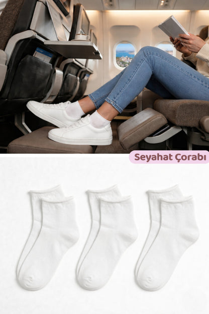 Kadın Beyaz Lastiksiz Seyahat Çorabı 3’lü Paket Dikişsiz/Premium/Pamuk/Kısa/ Yolculuk Çorabı