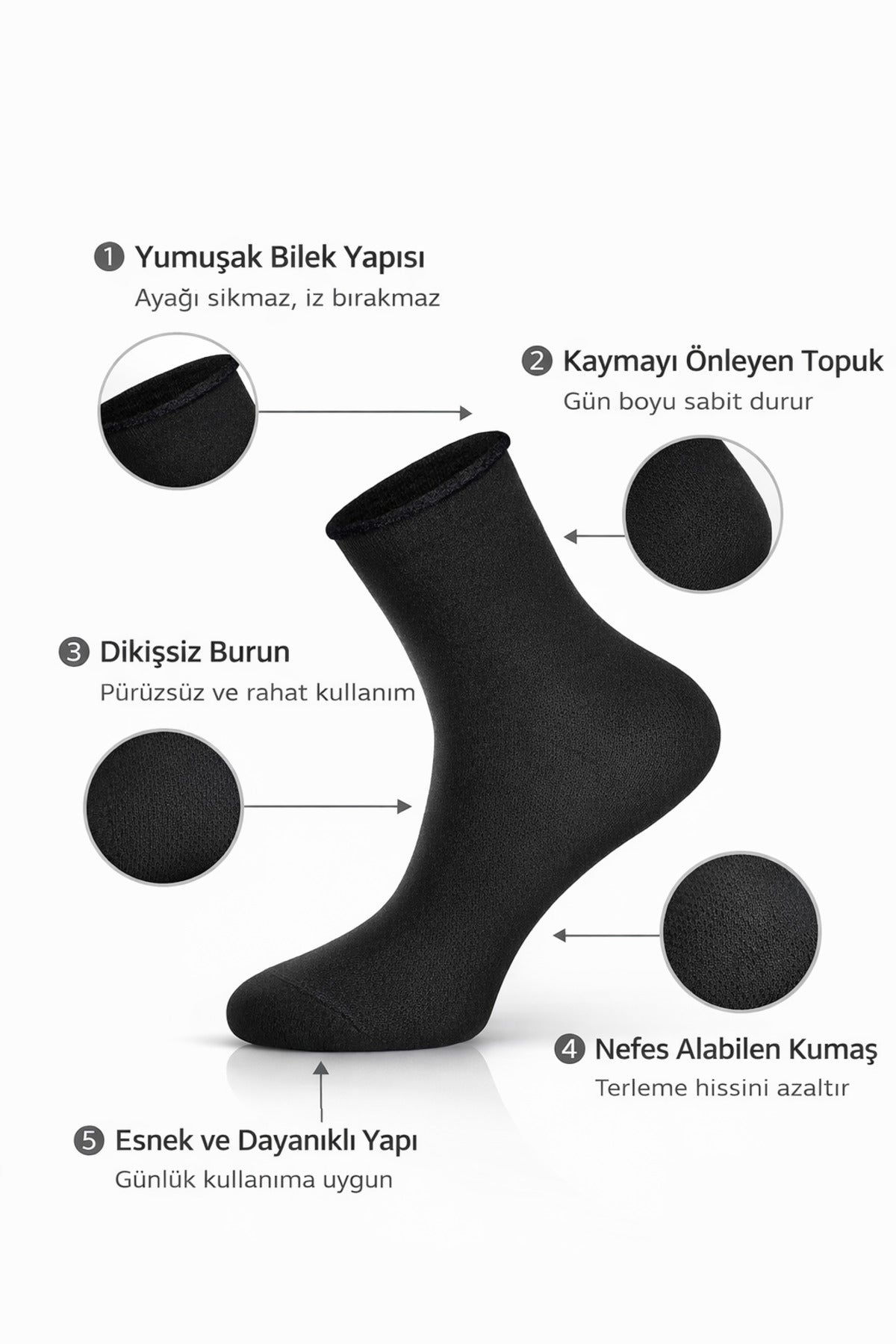 Ducks Socks Erkek Siyah 6'lı Pamuklu Kutulu Lastiksiz Çorap Diyabetik Dostu Siyah Dikişsiz Esnek Kısa Konç Sıkmayan Çorap