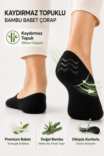 Kadın Siyah Bambu Babet Çorap Premium 12'li Dikişsiz Ayaktan Çıkma Önleyici Slikonlu Babet Çorap