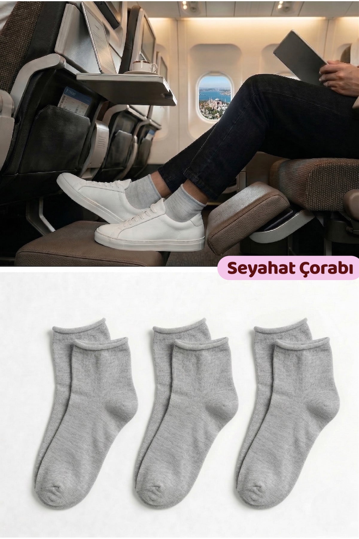 Erkek Gri Lastiksiz Seyahat Çorabı 3’lü Paket Dikişsiz/Premium/Pamuk/Kısa Yolculuk Çorabı