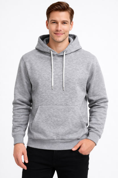 Erkek Gri 3 İplik Pamuklu Kapüşonlu Sweatshirt Basic Hoodie Kanguru Cepli