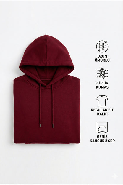 Erkek Bordo 3 İplik Pamuklu Kapüşonlu Sweatshirt Basic Hoodie Kanguru Cepli