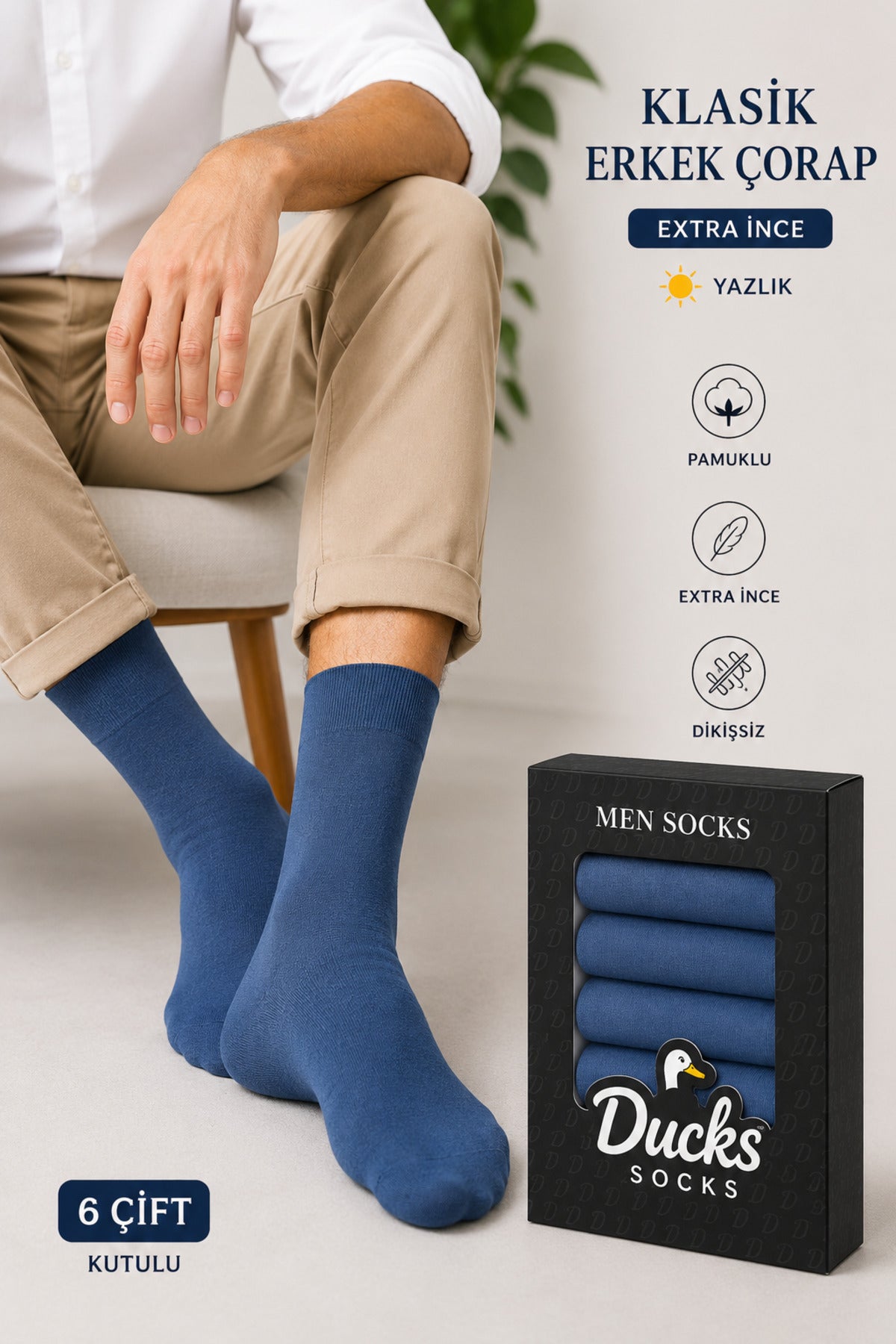 Erkek Mavi Pamuklu 6'lı Kutulu Extra İnce Pamuklu Yazlık Çorap Dikişsiz Yıkamalı Terletmeyen Erkek Çorap
