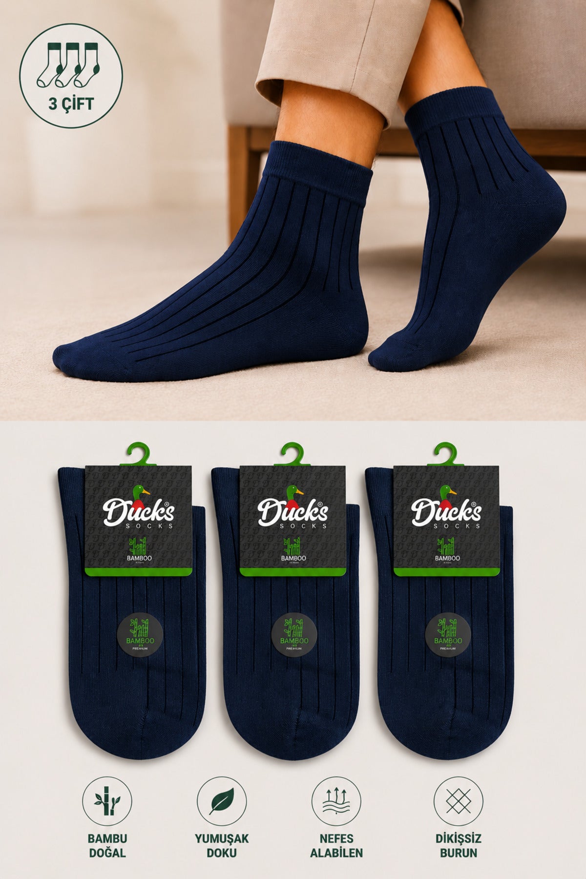 Erkek Lacivert Bambu Dikişsiz Kısa Konç Erkek Çorap 3'lü Yıkamalı Derbili Çizgili Çorap