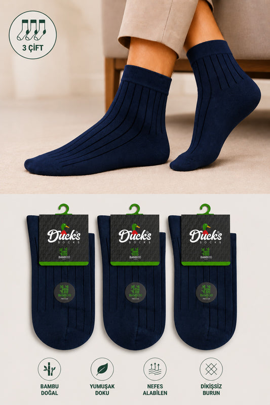 Erkek Lacivert Bambu Dikişsiz Kısa Konç Erkek Çorap 3'lü Yıkamalı Derbili Çizgili Çorap