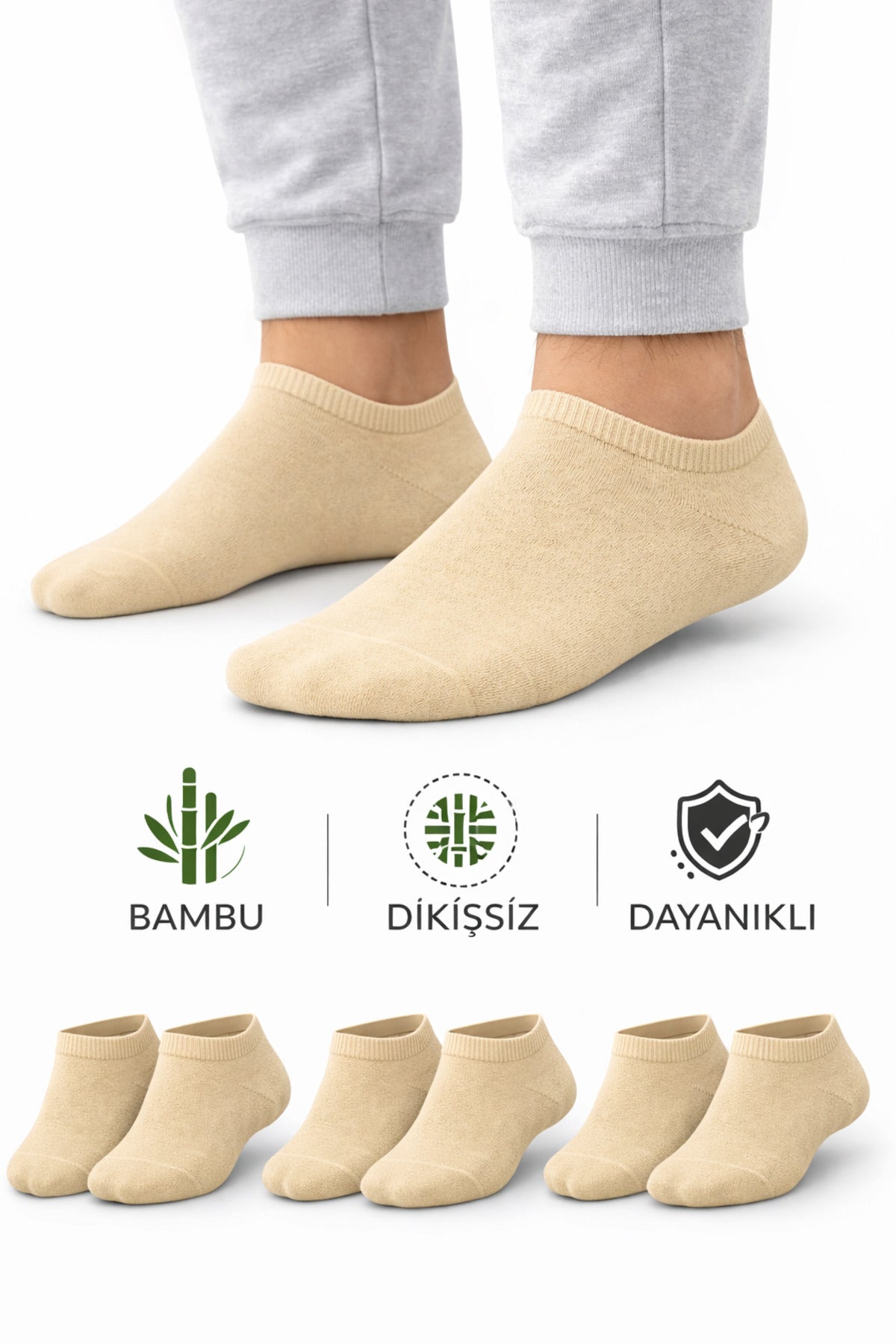 Erkek Krem Bambu Dikişsiz Sneaker Çorap Dayanıklı 3 Çift Terletmez Günlük