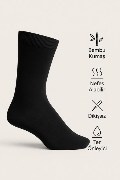 Erkek Siyah Bambu Çorap 6'lı Kutulu Dikişsiz Uzun Konç Yıkamalı