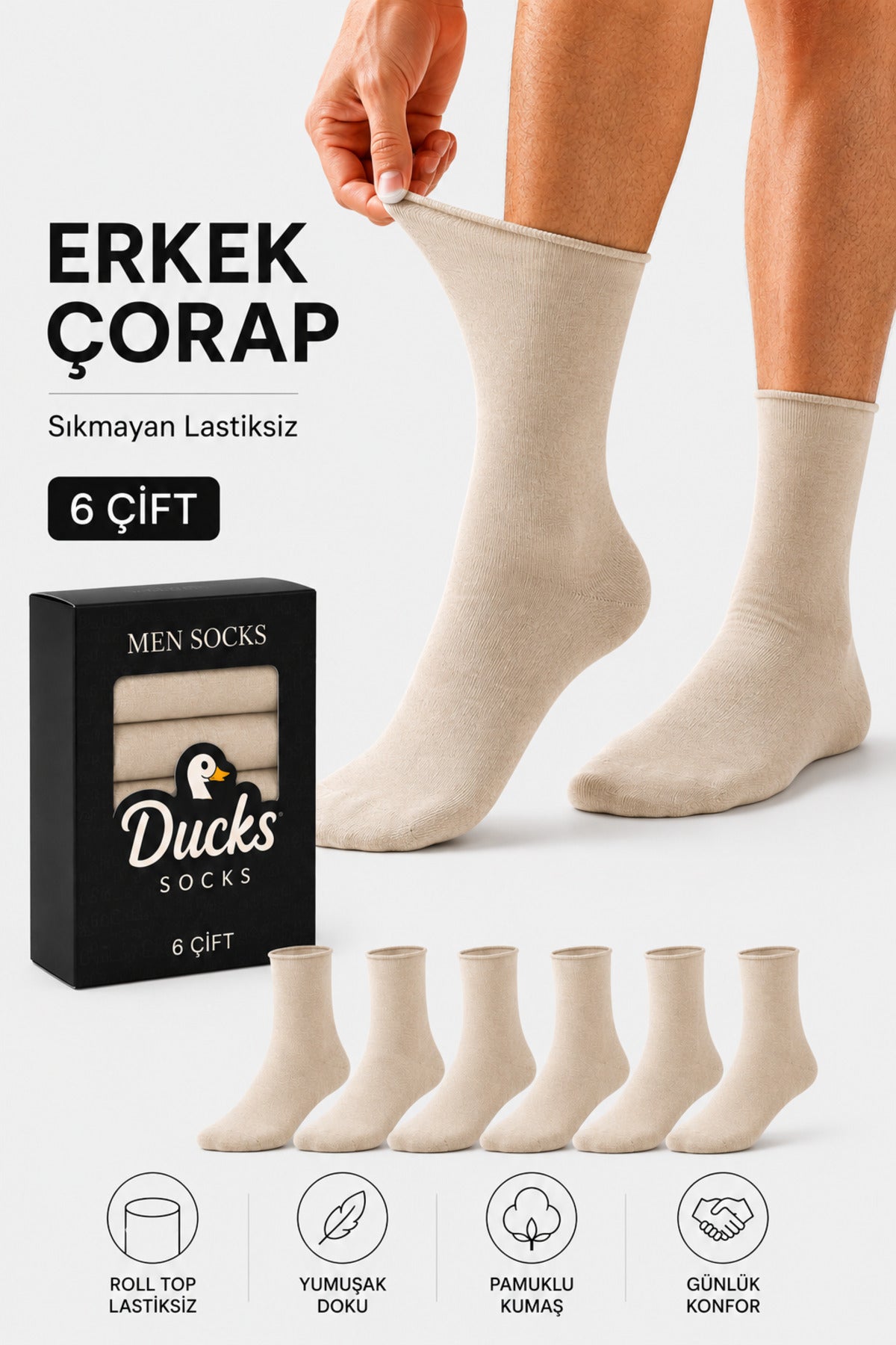 Erkek Bej 6'lı Pamuklu Kutulu Lastiksiz Çorap Diyabetik Dostu Dikişsiz Esnek Uzun Konç Sıkmayan Çorap
