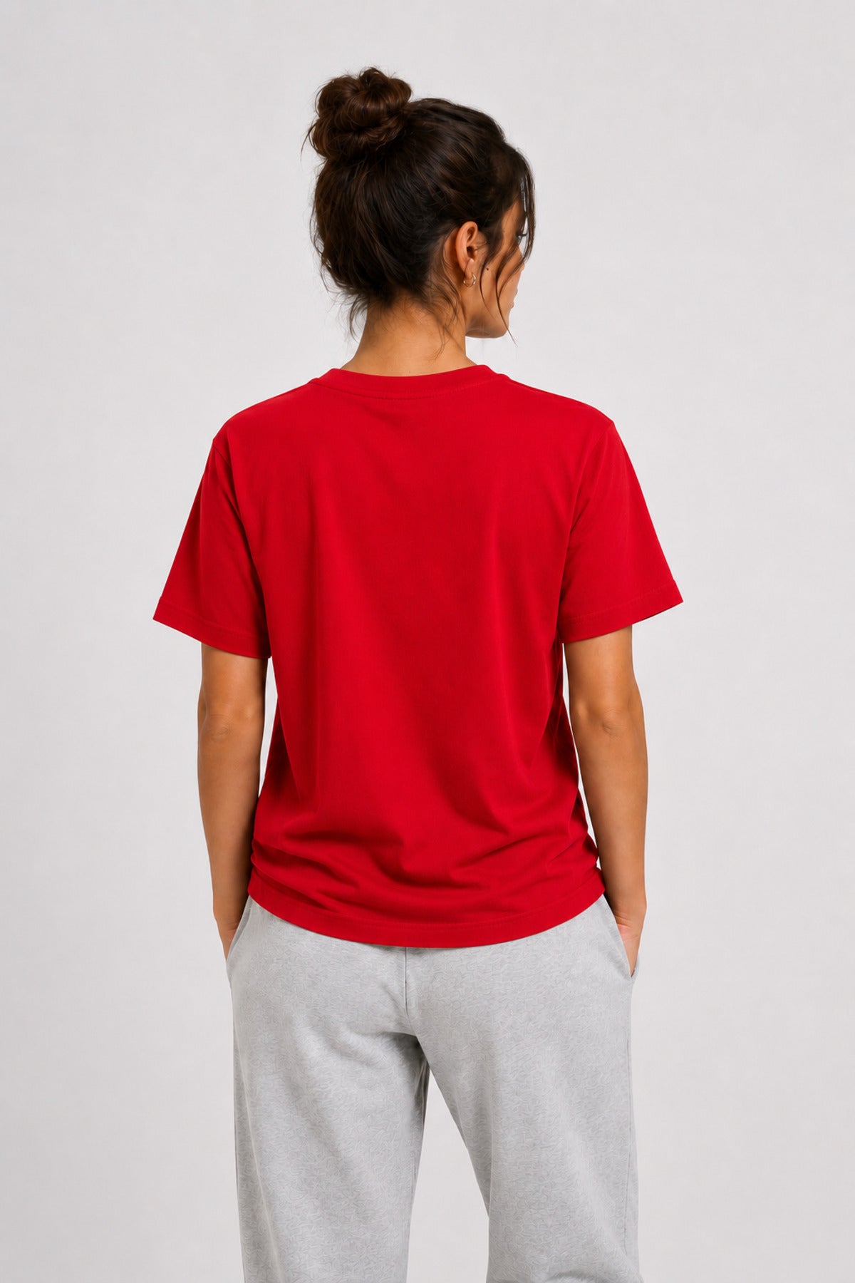 Kadın Basic Kırmızı Tişört %100 Pamuk Rahat Kalıp Günlük Bisiklet Yaka T-Shirt