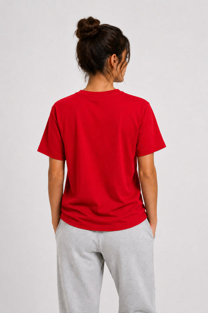 Kadın Basic Kırmızı Tişört %100 Pamuk Rahat Kalıp Günlük Bisiklet Yaka T-Shirt