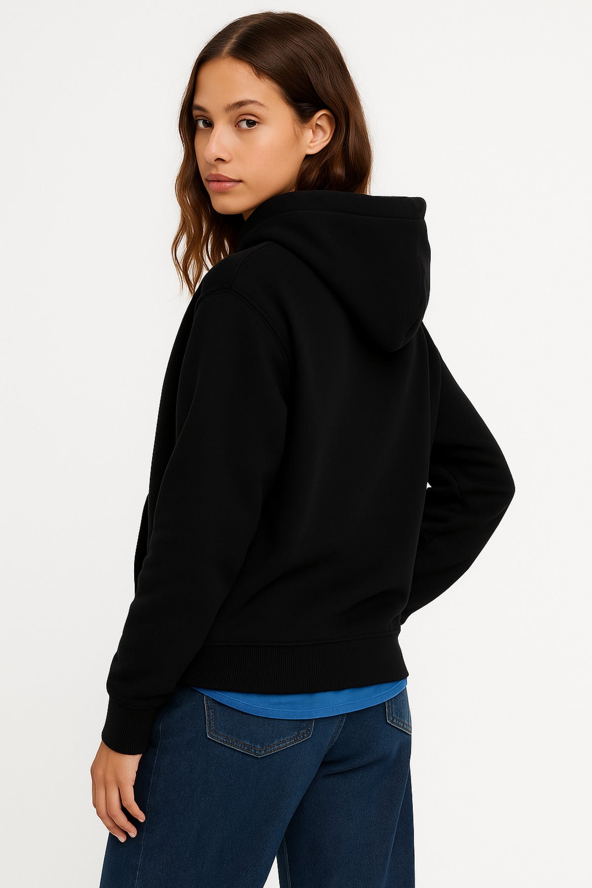 Kadın Siyah 3 İplik Pamuklu Kapüşonlu Sweatshirt Basic Hoodie Kanguru Cepli