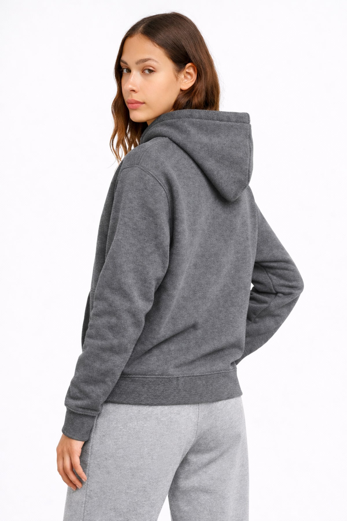 Kadın Füme 3 İplik Pamuklu Kapüşonlu Sweatshirt Basic Hoodie Kanguru Cepli