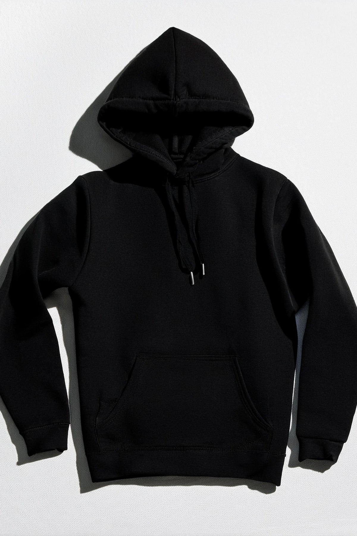 Erkek Siyah 3 İplik Pamuklu Kapüşonlu Sweatshirt Basic Hoodie Kanguru Cepli
