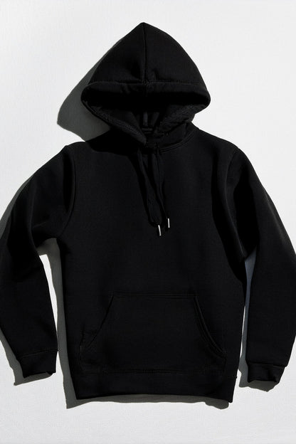 Erkek Siyah 3 İplik Pamuklu Kapüşonlu Sweatshirt Basic Hoodie Kanguru Cepli