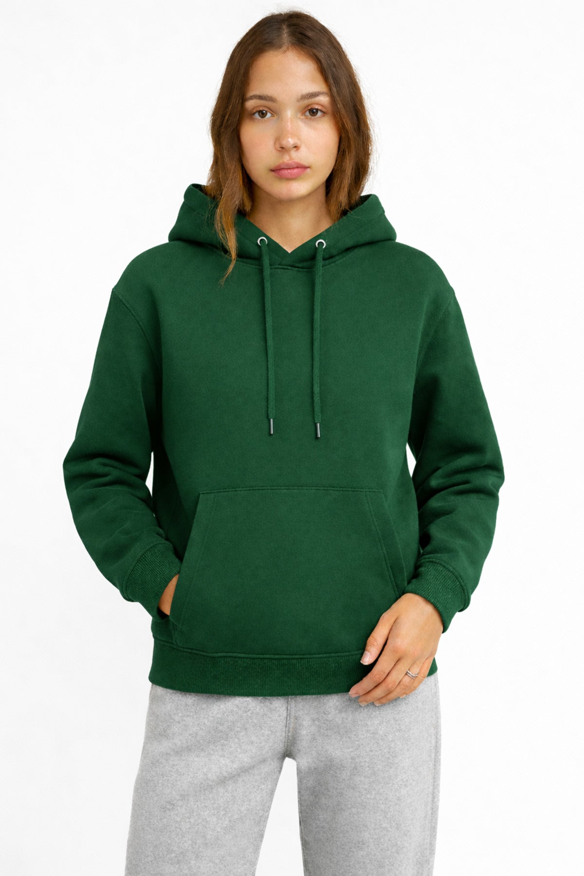 Kadın Koyu Yeşil 3 İplik Pamuklu Kapüşonlu Sweatshirt Basic Hoodie Kanguru Cepli