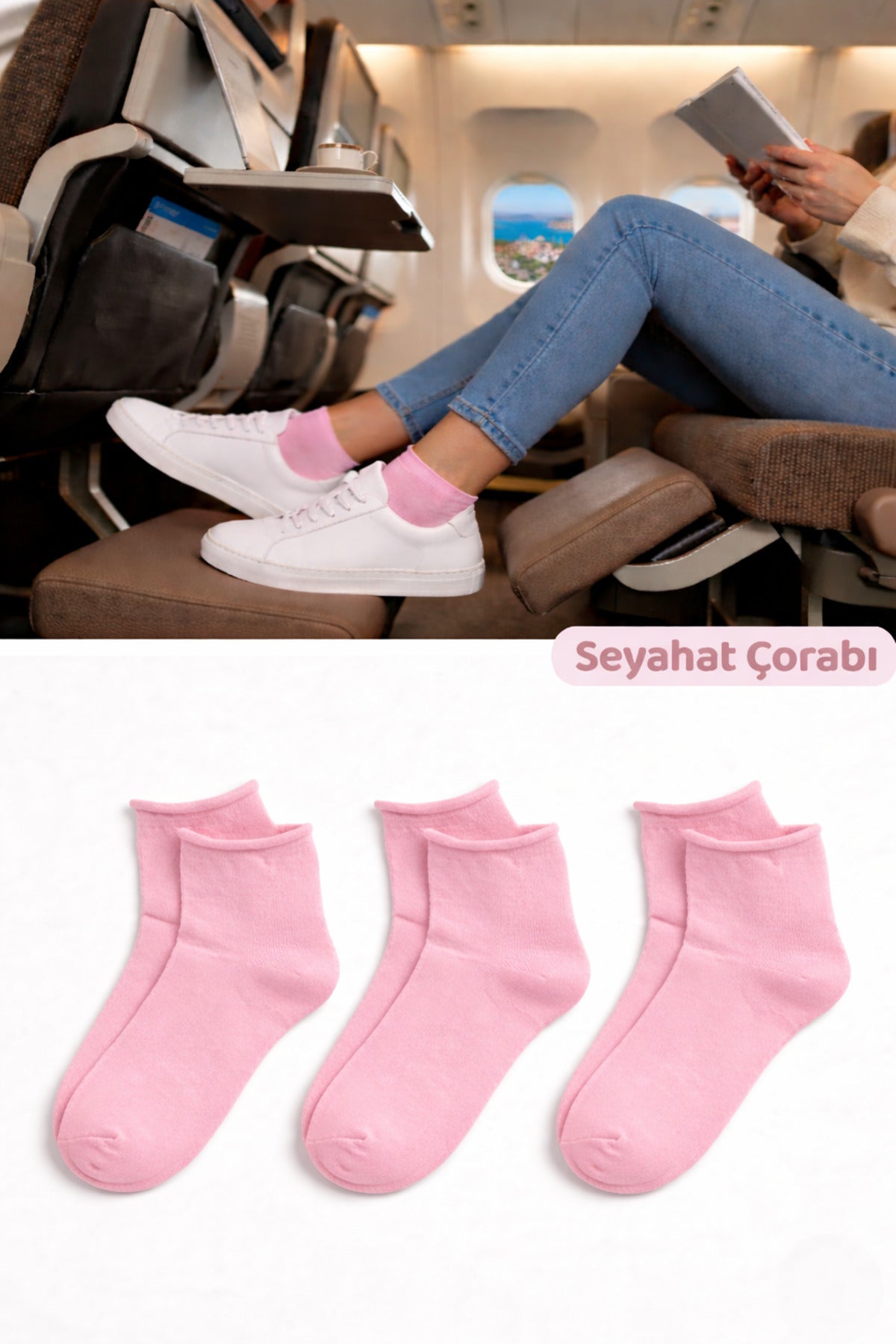 Kadın Pembe Lastiksiz Seyahat Çorabı 3’lü Paket Dikişsiz/Premium/Pamuk/Kısa/ Yolculuk Çorabı