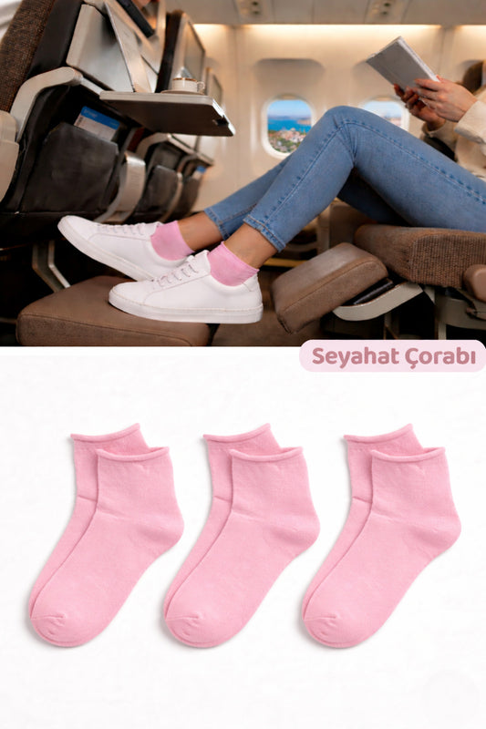 Kadın Pembe Lastiksiz Seyahat Çorabı 3’lü Paket Dikişsiz/Premium/Pamuk/Kısa/ Yolculuk Çorabı