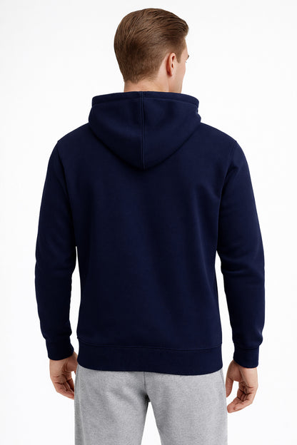 Erkek Lacivert 3 İplik Pamuklu Kapüşonlu Sweatshirt Basic Hoodie Kanguru Cepli