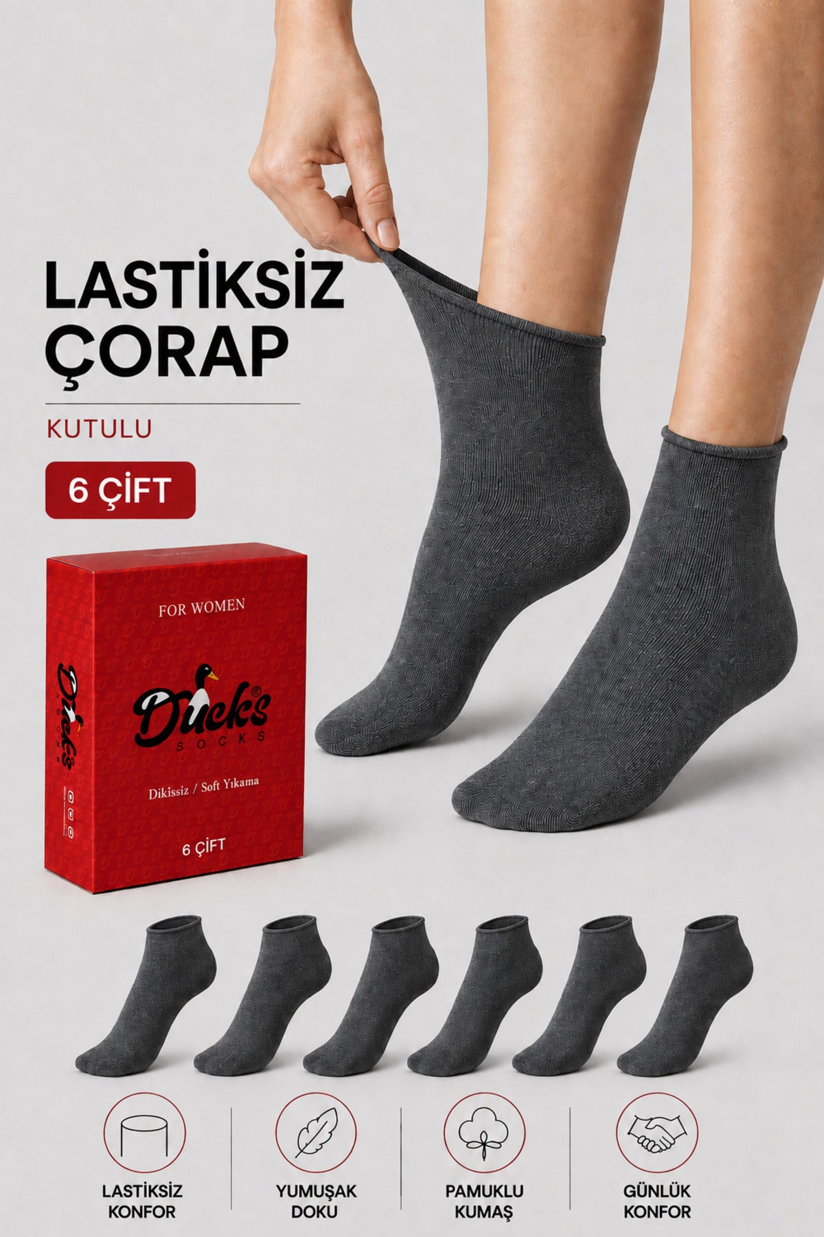 Kadın Füme 6'lı Pamuklu Kutulu Lastiksiz Çorap Diyabetik Dostu Dikişsiz Iz Bırakmaz Kısa Konç Sıkmayan Çorap