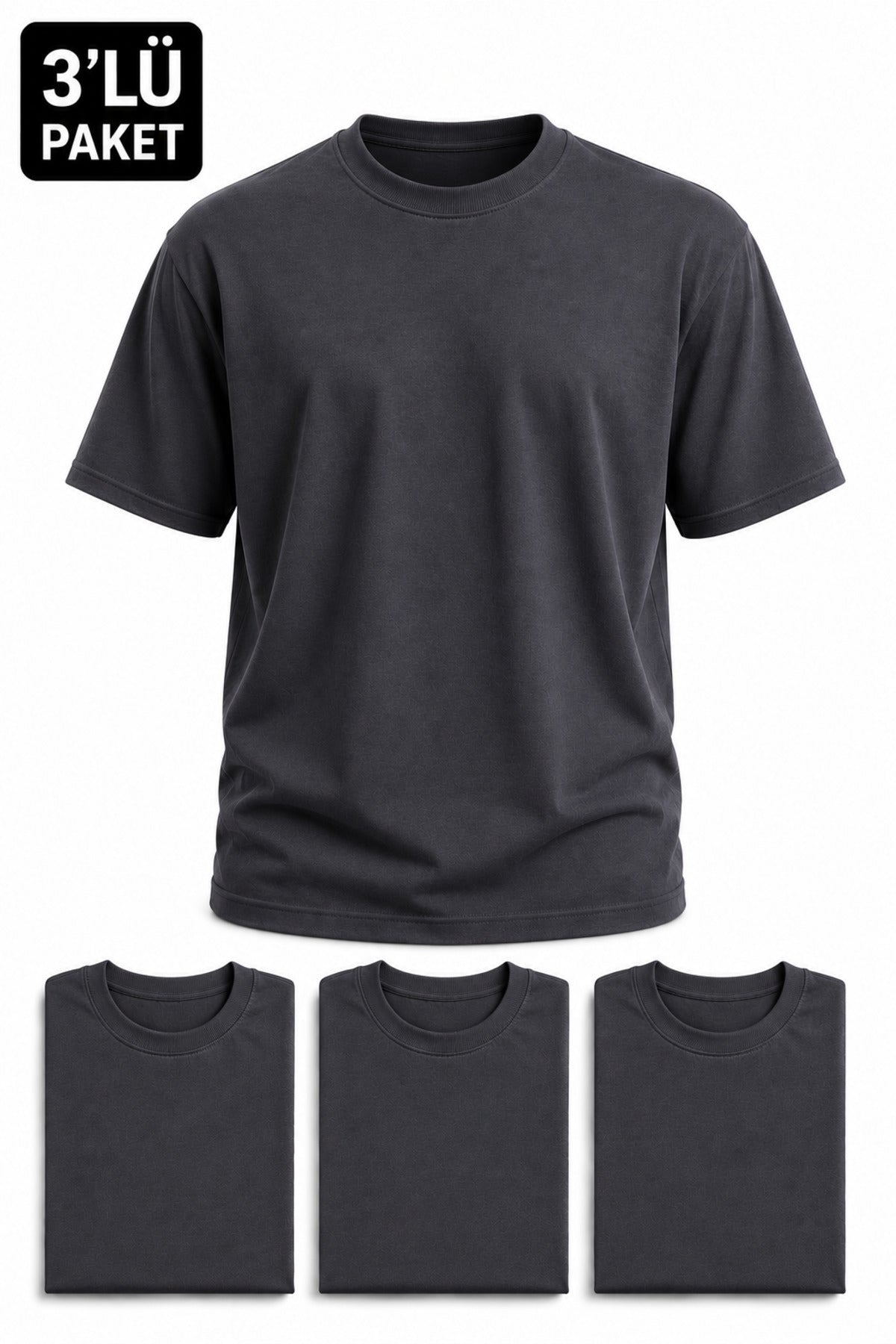 Erkek 3'lü Paket Pamuklu Regular Fit Bisiklet Yaka Günlük Basic Erkek Füme Tişört