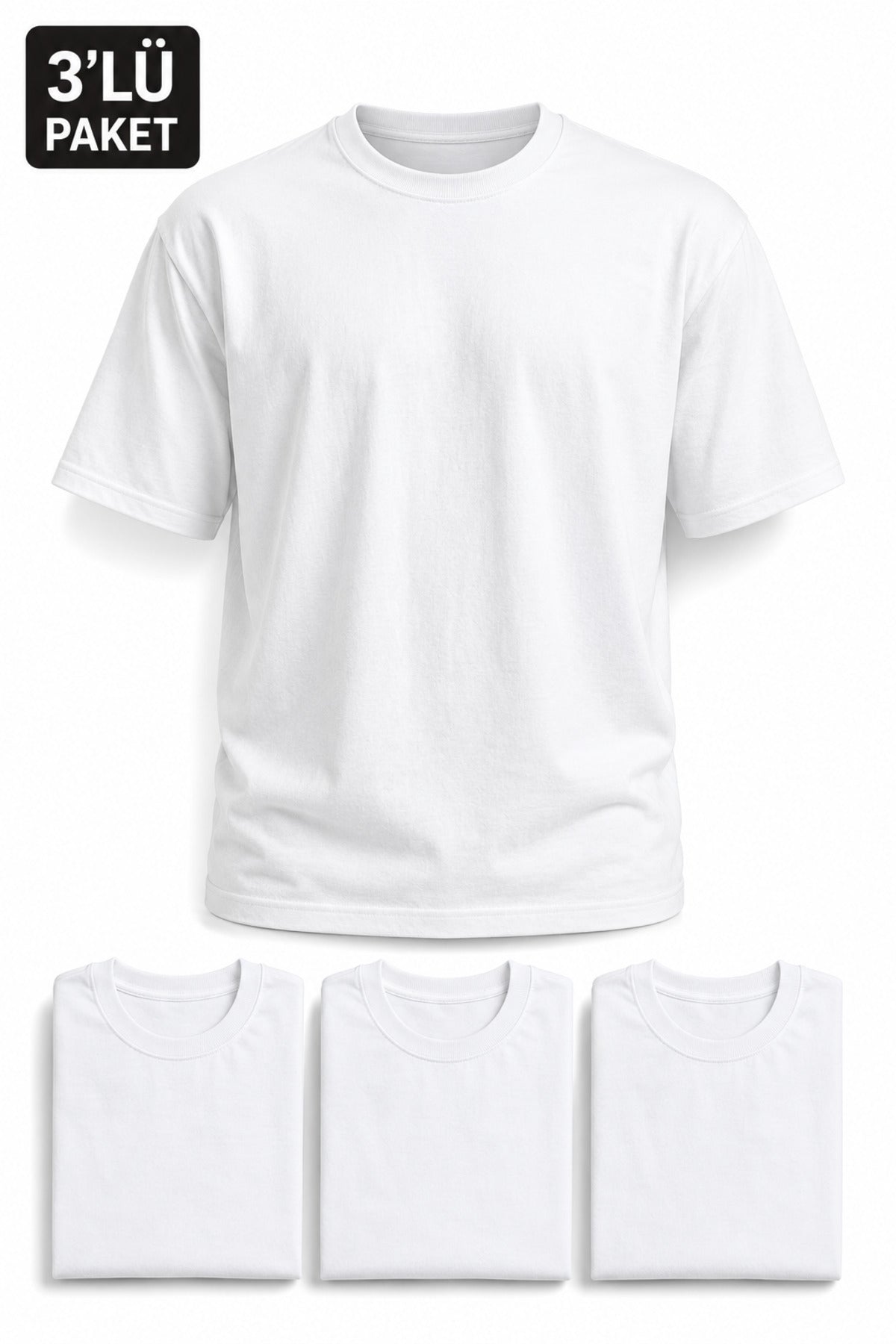 Erkek 3'lü Paket Pamuklu Regular Fit Bisiklet Yaka Günlük Basic Erkek Beyaz Tişört