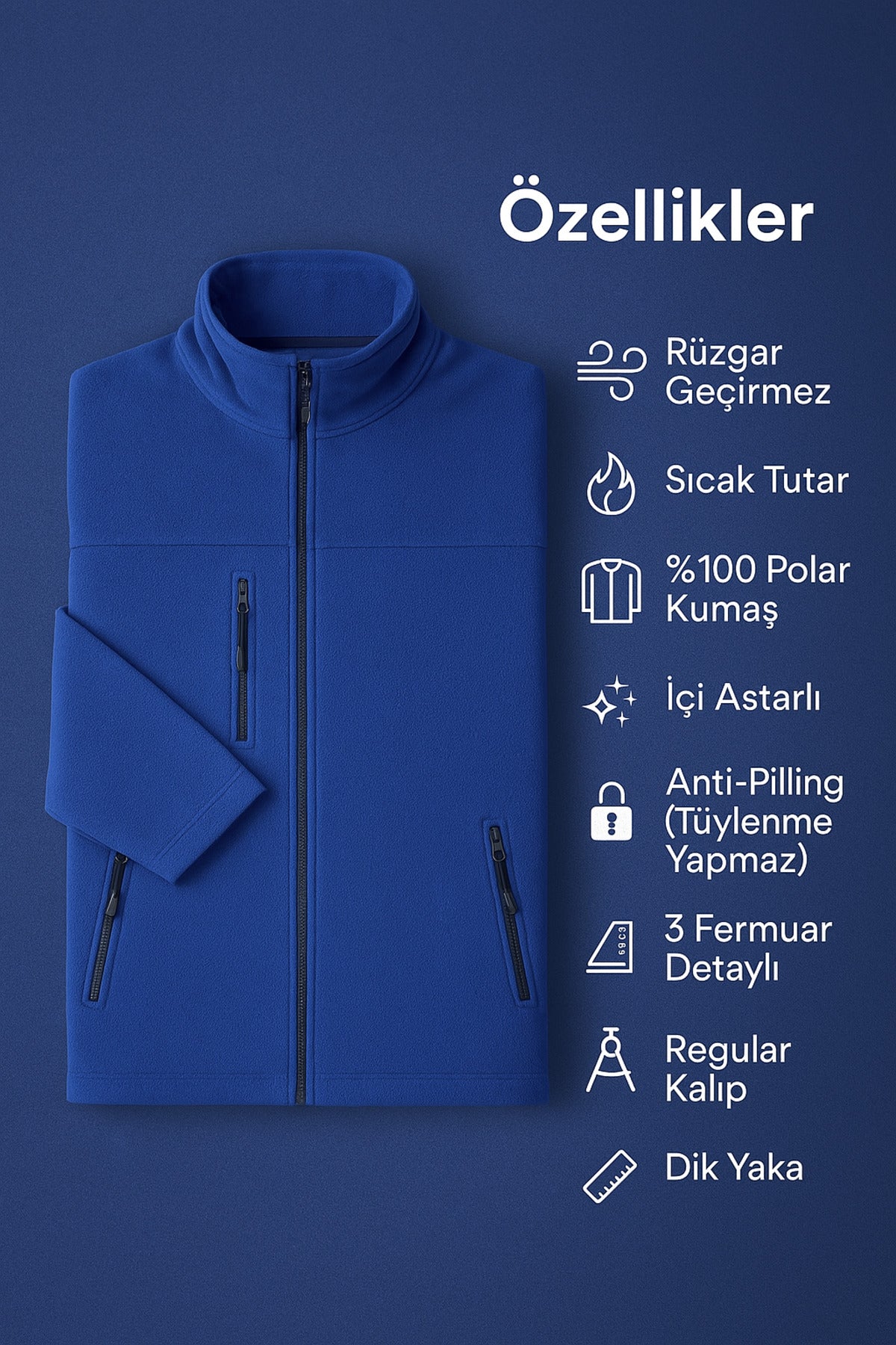 Erkek Anti-pilling Tüylenme Yapmayan Standart Fit Dik Yaka Soğuk Geçirmez Üç Cepli Fermuarlı Polar