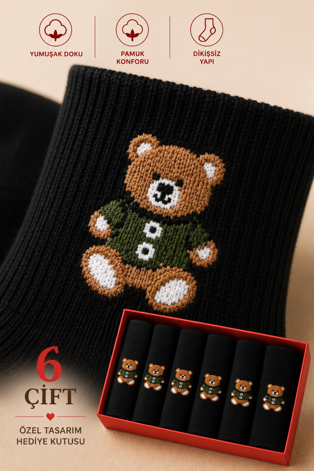 Kadın Siyah Teddy Bear Çorap Hediye Kutulu Pamuklu Kısa Konç Ayıcıklı Çorap 6'lı Dikişsiz
