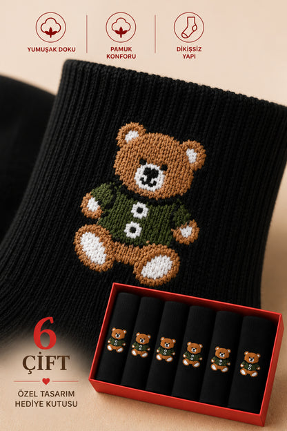Kadın Siyah Teddy Bear Çorap Hediye Kutulu Pamuklu Kısa Konç Ayıcıklı Çorap 6'lı Dikişsiz