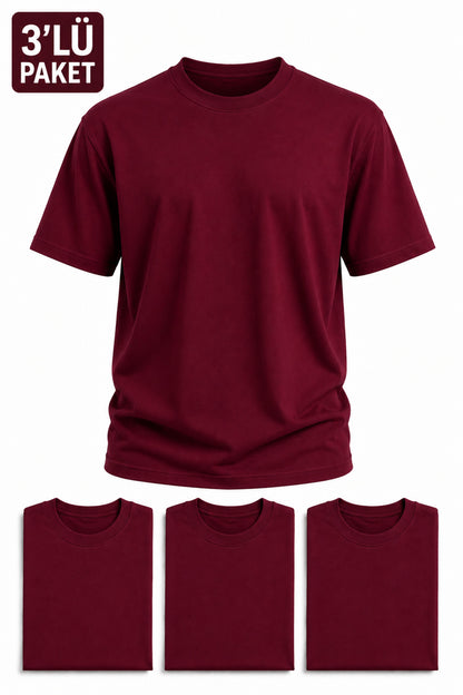 Erkek 3'lü Paket Pamuklu Regular Fit Bisiklet Yaka Günlük Basic Erkek Bordo Tişört