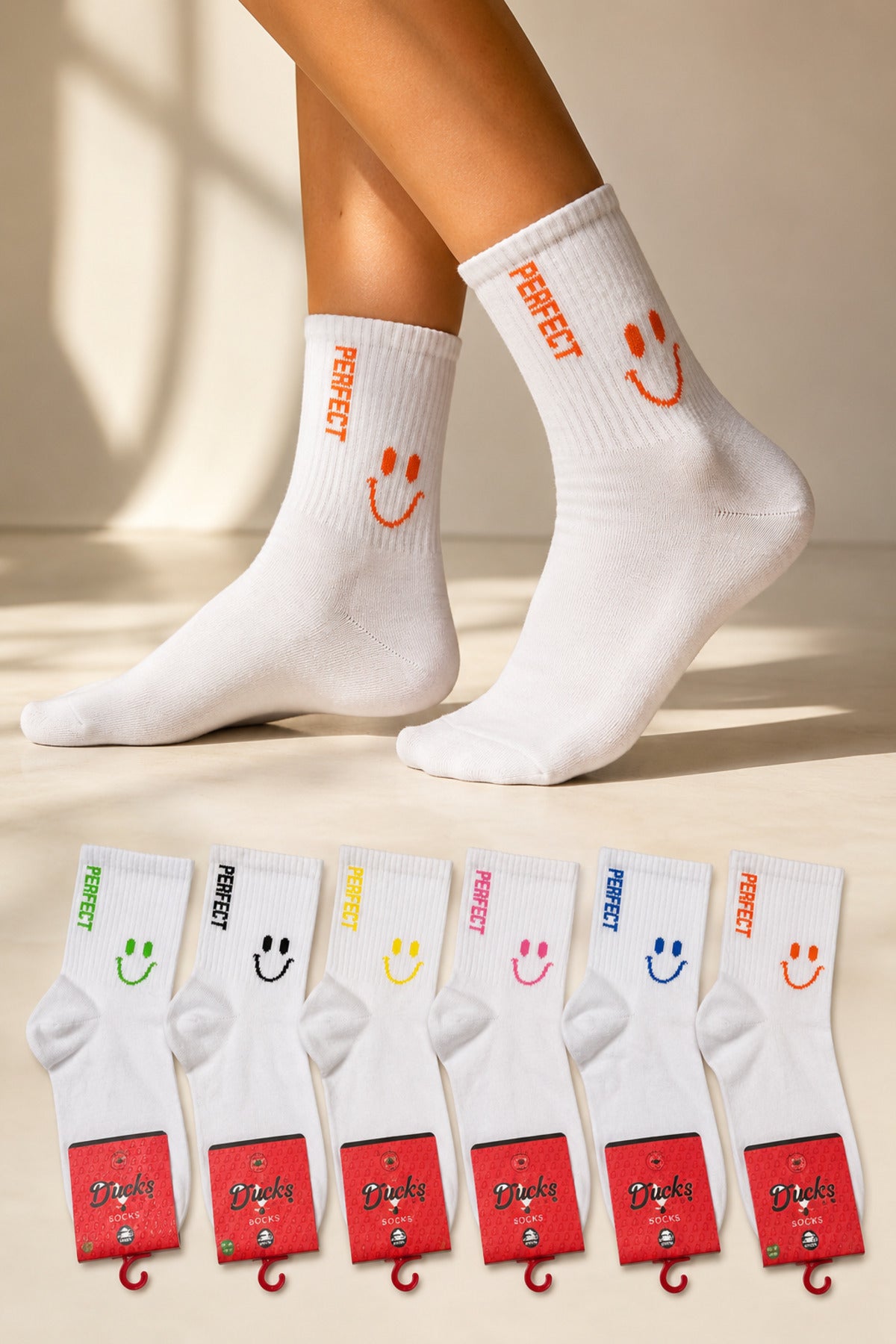 Kadın Çok Renkli Dikişsiz Desenli Spor Çorap Pamuklu 6'lı Orta Konç Perfect Çorap