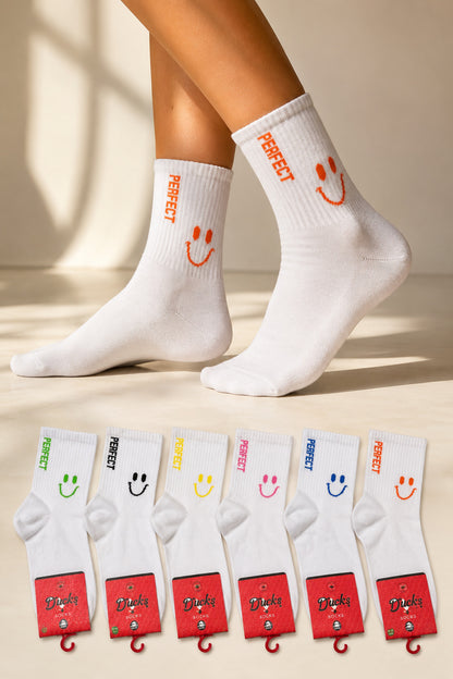 Kadın Çok Renkli Dikişsiz Desenli Spor Çorap Pamuklu 6'lı Orta Konç Perfect Çorap