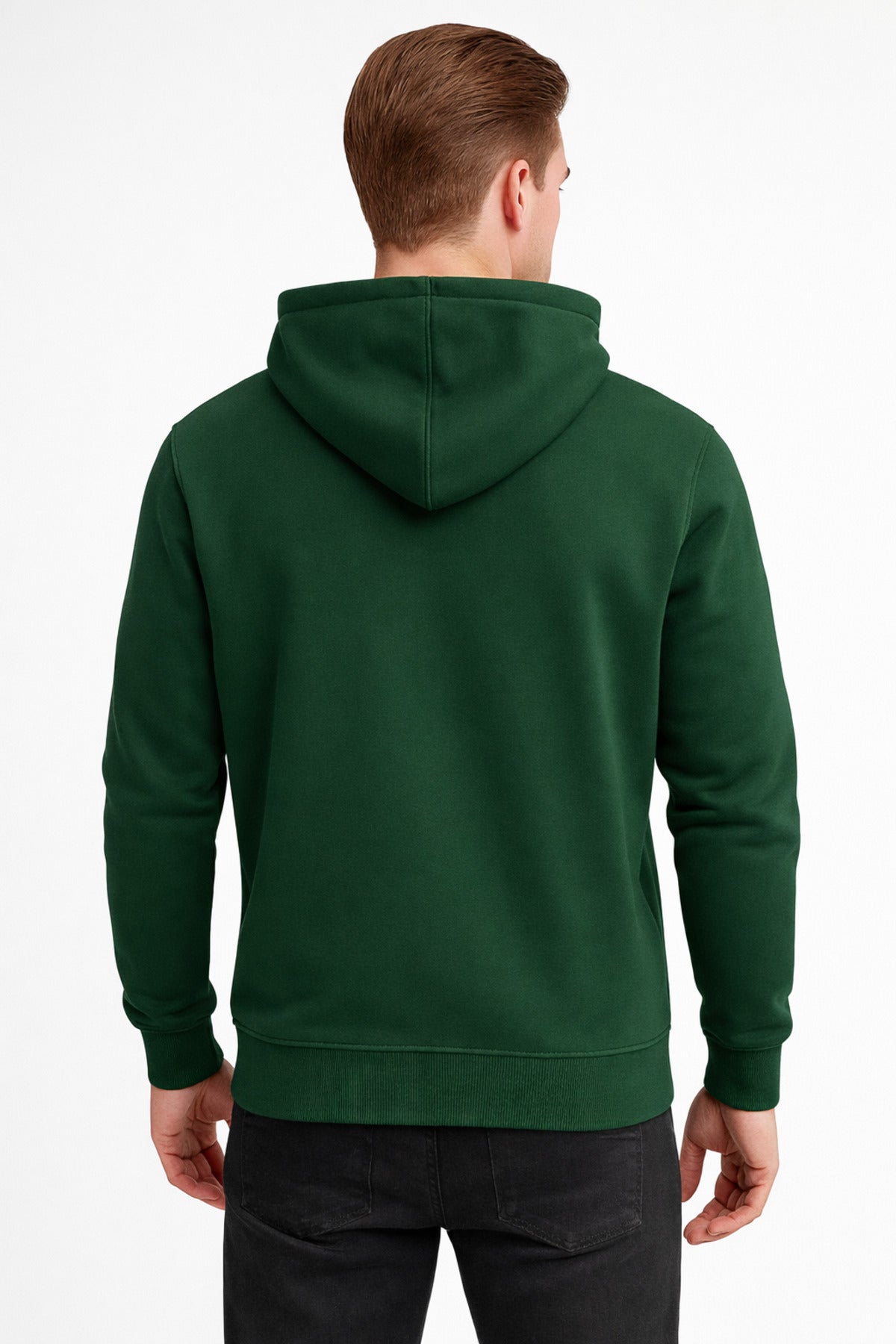 Erkek Koyu Yeşil 3 İplik Pamuklu Kapüşonlu Sweatshirt Basic Hoodie Kanguru Cepli