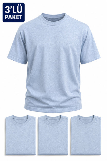 Erkek 3'lü Paket Pamuklu Regular Fit Bisiklet Yaka Günlük Basic Erkek Bebe Mavi Tişört