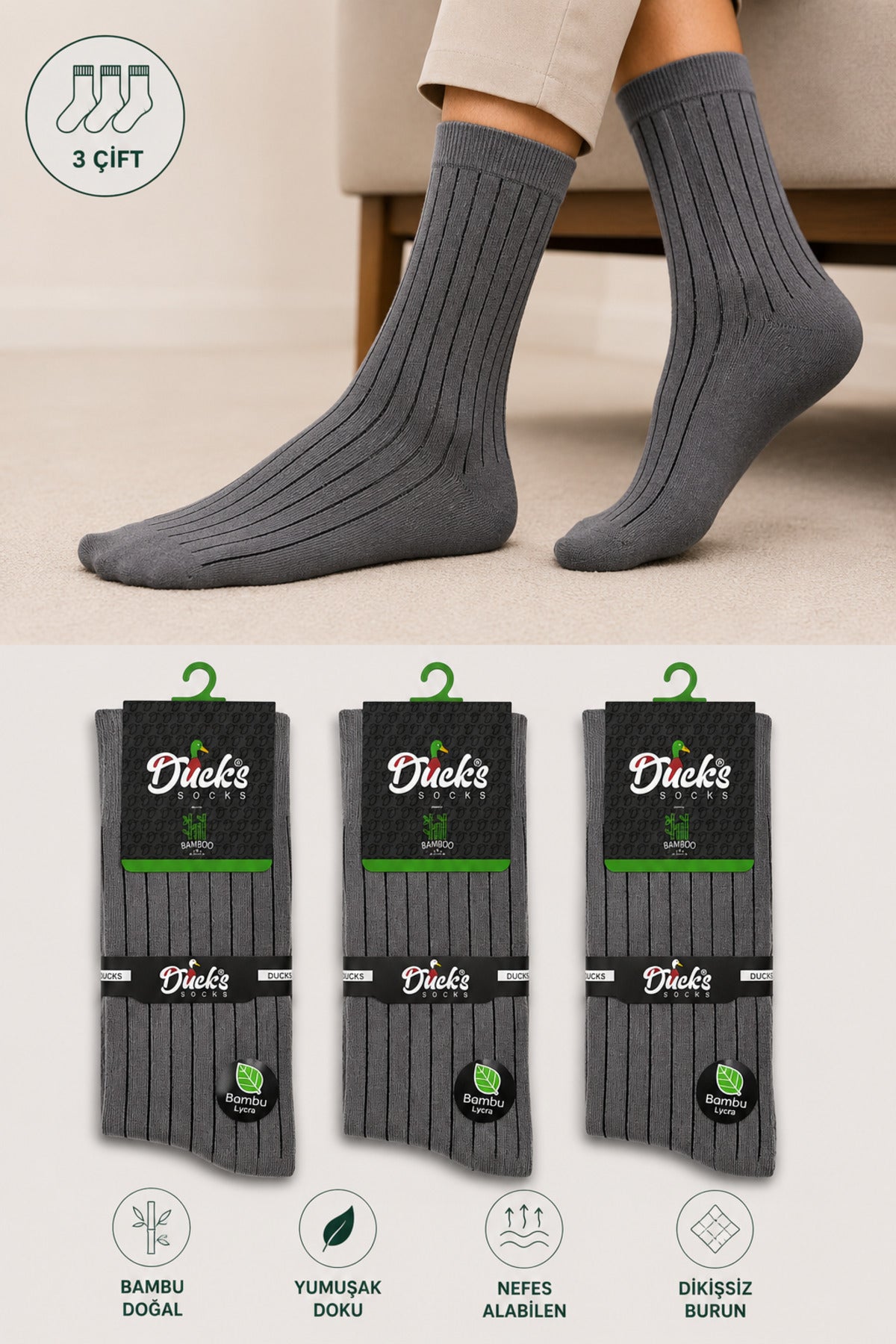 Erkek Gri Bambu Dikişsiz Soket Çorap 3'lü Yıkamalı Uzun Konç Çizgili Erkek Çorap